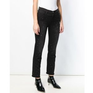 FRAME LE HIGH STRAIGHT-LEG EMBELLISHED JEANS IN JET STONE